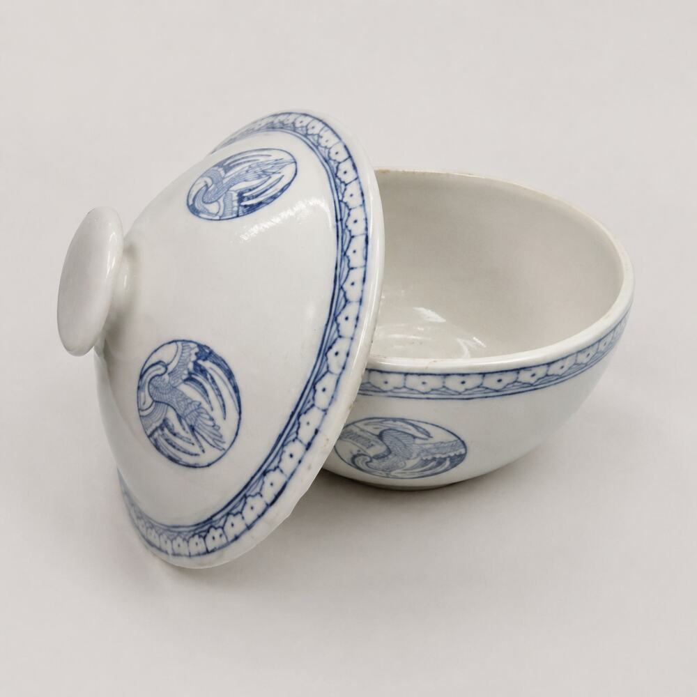 Vintage Cobalt Blue White Ceramic Lidded Serving Bowl Bird Motif